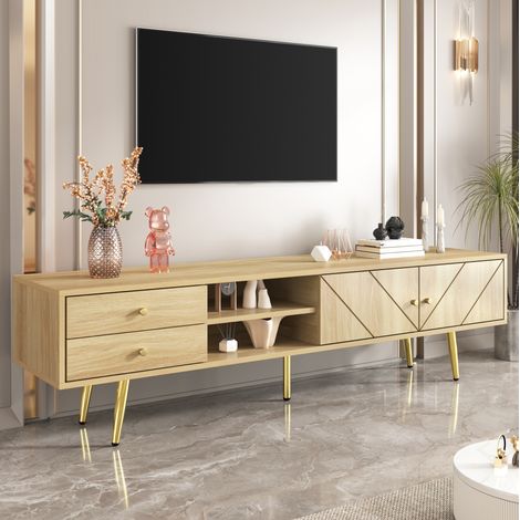 Mueble TV 160x36x42 cm color madera en MDF y aglomerado con 2 cajones, 2 puertas acanaladas y patas metálicas doradas (1/5)
