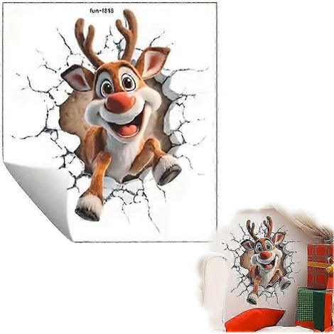 (H) Sticker mural 3D représentant le Père Noël défonçant un mur, sticker mural en vinyle pour les fêtes