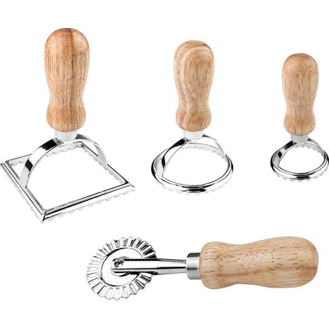 Applicable Lot de 4 Emporte Piece Ravioli, Moule a Ravioli, Accessoires de Cuisine pour Emporte Pièce, Ustensiles pour Pâtes avec en Bois Poignée et Bord Cannelé, pour Pâtes Farcies, Ravioli et Pâtiss