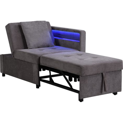 Canapé-lit rembourré 3 en 1 multifonction, canapé en tissu de lin avec dossier réglable, accoudoir avec bandes lumineuses LED et ports USB/Type-C, canapé-lit pour petits espaces (1/5)