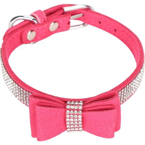 1 collier pour chat, microfibre suédée, rose rouge, 50 x 2,5 cm, double nœud papillon, strass et cristaux (1/5)