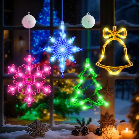 Lot de 4 décorations lumineuses de Noël pour fenêtre : flocons de neige, clochettes et étoile porte-bonheur. (1/5)