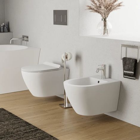 Sanitaires suspendus en céramique blanc mat cuvette sans rebord siège à fermeture douce et bidet Sydney (1/4)