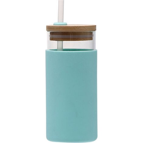 Verre à eau 550ml avec couvercle en bois et paille transparente, bouteille en verre réutilisable (1/5)