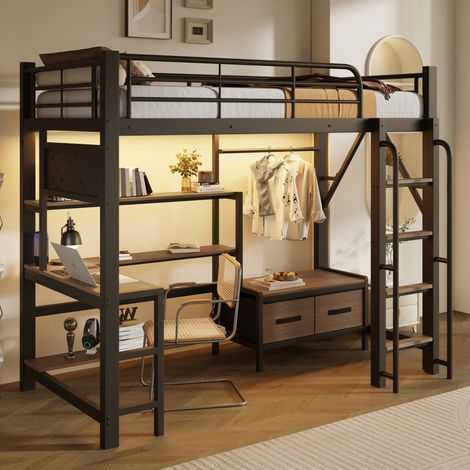 Lit mezzanine enfant 90x200 cm avec bureau, rangements, LED, USB, métal et MDF noir (1/5)