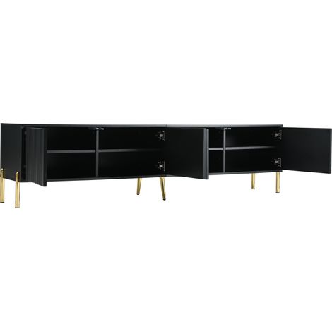 ELVMI TV-Schrank mit 4 Türen und 8 Fächern, gerillte Fronten, goldfarbene Beine, für Wohnzimmer, aus MDF und Spanplatte, Schwarz, 190×38×48 cm (1/5)