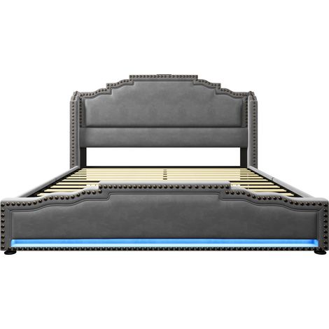Polsterbett 140x200 cm aus grauem Samt mit 4 Schubladen, LED, USB-C und Matratze (1/5)