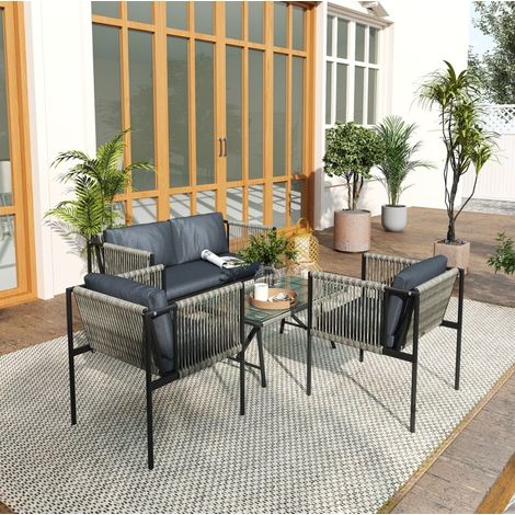 Ensemble de jardin en rotin 4 places gris, avec coussins, table en verre trempé (1/5)