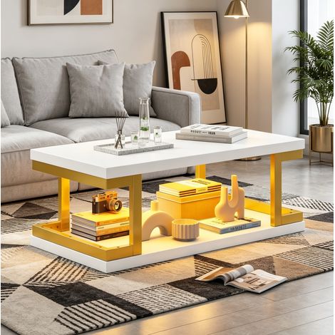 Tavolino da Salotto Rettangolare con Ripiano Aperto e LED, Controllo Bluetooth, per Soggiorno, MDF e Metallo, 100 × 50 × 37,5 cm (1/5)