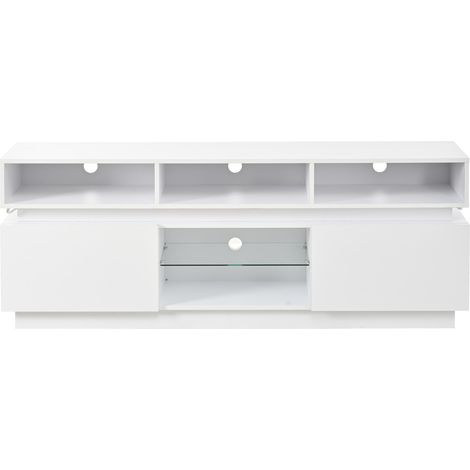 Meuble TV blanc en MDF avec verre trempé, 160 x 35 x 60 cm, pour téléviseur jusqu'à 60 pouces (1/5)