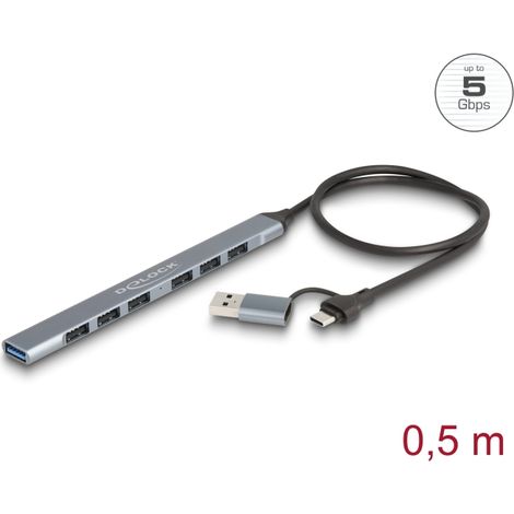 Delock HUB USB delgado de 7 puertos USB tipo-A a 1 x USB tipo-A con adapt. Type-C