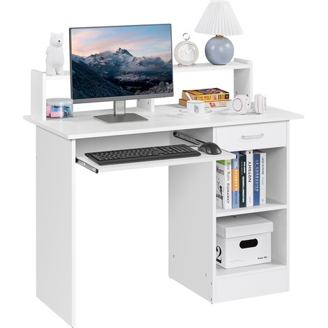 Yaheetech – Bureau informatique blanc 106x50x94 cm – MDF E1 et métal – Tiroir coulissant et 2 étagères de rangement – Pour espace de travail moderne