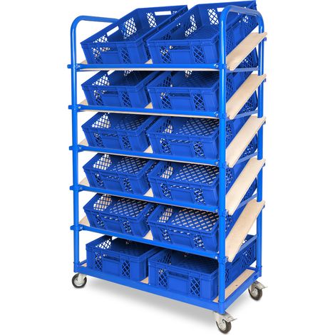 BRB Schrägboden-Regalwagen mit 6 Ebenen, bestückt mit 12 Euroboxen BxTxH 600x400x150 mm durchbrochen, BxTxH 1050x500x1690 mm (blau)