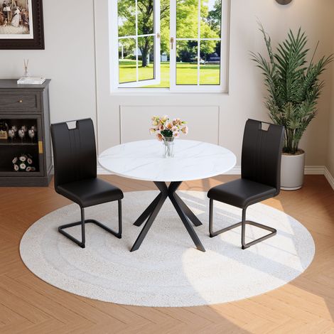 Ensemble de salle à manger avec table ronde effet marbre et 2 chaises de salle à manger noires, ensemble de cuisine moderne en similicuir et piètement métallique cantilever pour salle à manger et cuis (1/5)