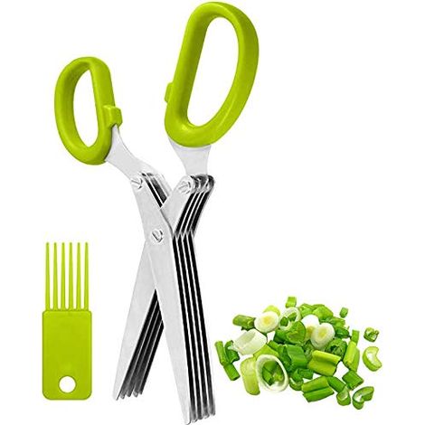 Kräuterschere, 5-Klingen-Küchenschere aus Edelstahl zum Schneiden von frischen Kräutern und Blattgemüse, Küchenutensil, Kräuterschneider mit Reinigungskamm (grün)