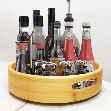 1 - Étagère à épices - Plateau tournant - Rotation 360 degrés - Rangement cuisine et placard - Bambou naturel - 30cm