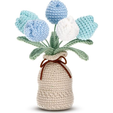 Bouquets de tulipes artificielles tricotées à la main avec vase de 17,8 cm - Tulipe éternelle tissée à la main avec pot exquis pour femme, cadeau d'anniversaire, décoration familiale, maison (1/5)