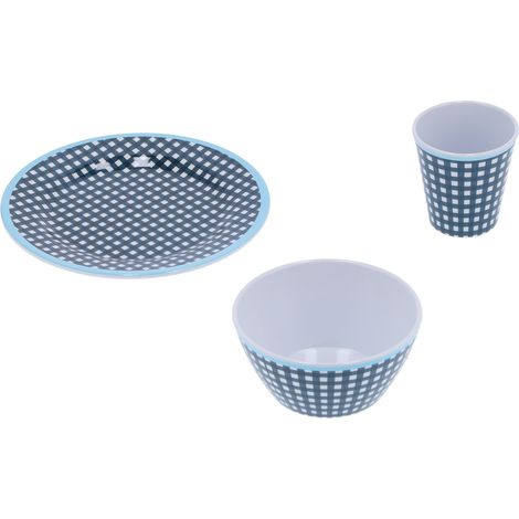AB06010+BT009+CH62 Service à salade de fruits 12 pièces à carreaux bleu foncé, comprenant assiette, bol et vaisselle. (1/5)