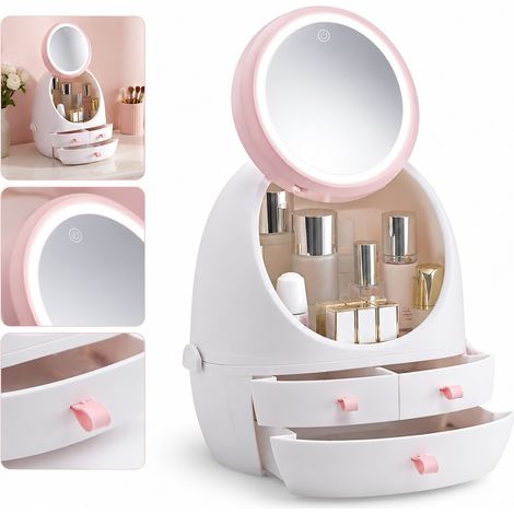 Boite de Rangement Cosmetiques avec Miroir LED et Tiroirs PS et ABS Blanc et Rose 35 x 28 x 18 cm (1/5)
