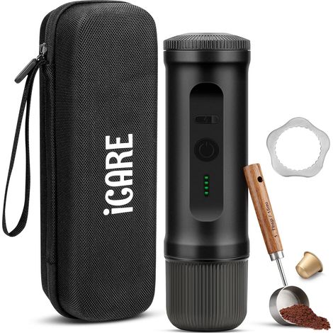 Machine à Café Portable, Cafetière Portable 2 en 1 pour Capsules NS et Café Moulu, Auto-Chauffante, Recharge USB-C, Indicateur de Batterie, pour Camping, Randonnée, Voyages, Camping-cars (Noir) (1/5)