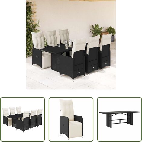 Gartentisch -  7-tlg. Garten-Bistro-Set mit Kissen Schwarz Poly Rattan (1/5)