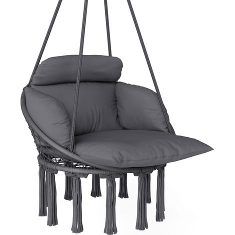 Chaise suspendue gris foncé 80x60x40 cm avec coussin épais, fauteuil hamac à franges, kit de suspension inclus (1/5)