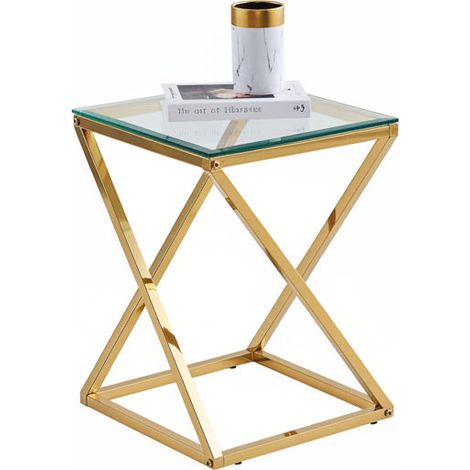 Guéridon BEVERLY – Pied Gold & Verre Transparent – 40x40x55 cm (1/5)