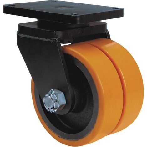 rueda giratora placa 10hlr300-hub hierro-poliur.naranja(doble) eje bolas (1/2)