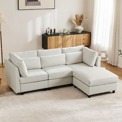 Canapé d'angle en L moderne 220 x 83 x 81 cm Canapé 3 places rembourré avec repose-pieds et Trois coussins Lin Beige