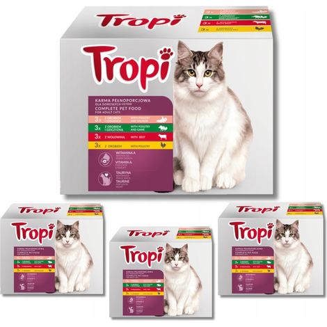 Tropi Nassfutter für Katzen, verschiedene Geschmacksrichtungen, 100 g x 48 Stück. Großpackung (Mega Box).