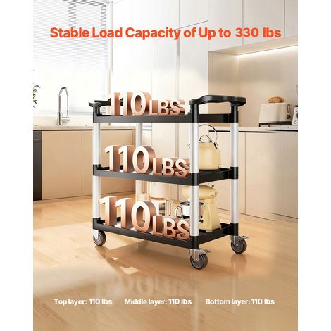 Chariot de Service, 1060x490x980 mm, Desserte à Roulettes Utilitaire en Plastique à 3 Niveaux, avec Roues Pivotantes 360° (2 avec Freins), pour Entrepôt, Bureau, Maison, Restaurant, Cuisine (1/5)