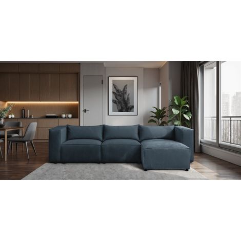 Ecksofa Designersofa NEVIO in Stoff Lincoln Blau Ottomane Rechts
