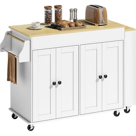 Table de cuisine avec roulettes plan de travail extensible 4 portes étagères réglables porte-épices et porte-serviettes blanc 130x44x88 cm