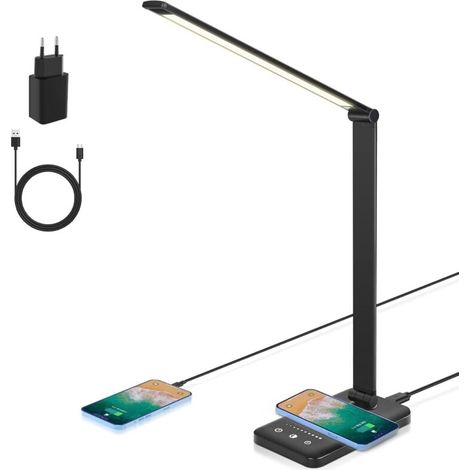 Lampe de Bureau LED, Lampe de Table Dimmable Charge sans fil 7.5 W et Port de Charge USB Lampe de Lecture Pour la Protection des Yeux, 5 Niveaux de Luminosité, 5 Couleurs Lampe [Classe énergétique F] (1/4)