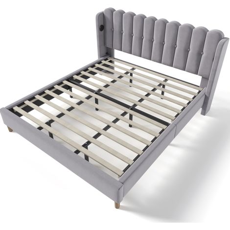 Letto matrimoniale imbottito 180 x 200 cm in tessuto grigio con USB e USB-C, rete a doghe (1/5)