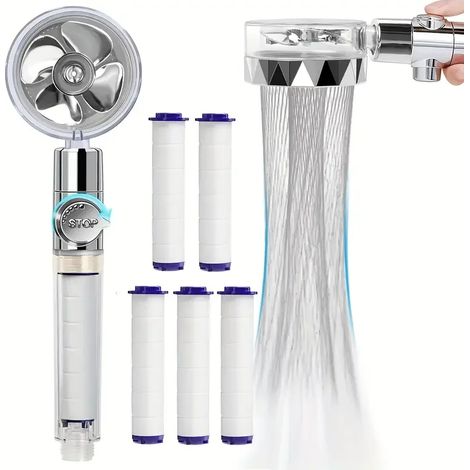 (Argent et 5 filtres) Pommeau de douche à main rotatif à 360° avec turbine et 5 filtres haute pression pour économiser l'eau. (1/5)