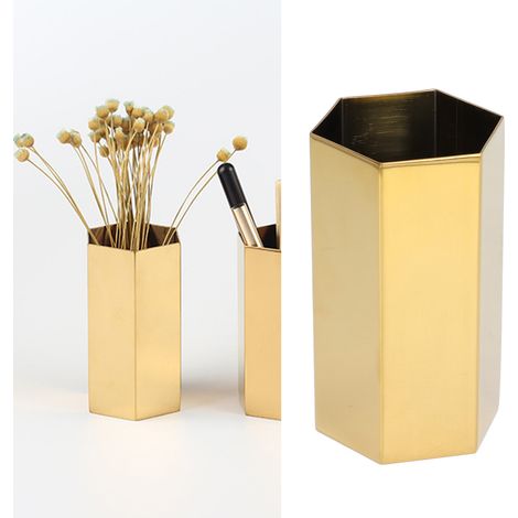 Elegante y duradero portalápices hexagonal chapado en oro brillante, fabricado en acero inoxidable galvanizado, ideal para la oficina o como regalo (Poppodium 10,7 cm). (1/5)