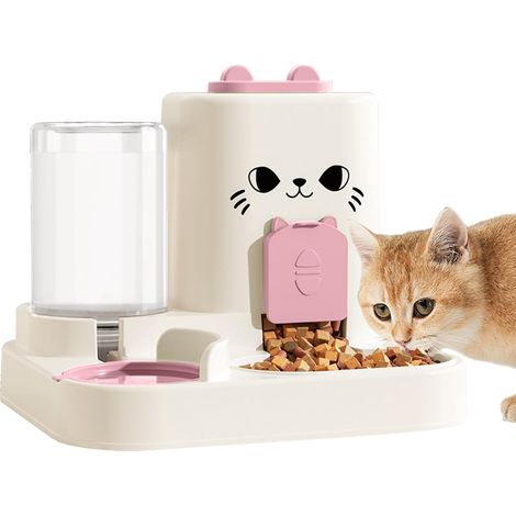 Distributeur automatique par gravité pour nourriture (1,6 litre) et eau (0,6 litre), adapté aux chiens de petite et moyenne taille, aux chiots, aux chats et aux chatons (rose). (1/5)