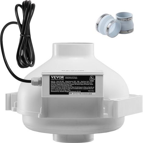 VEVOR Kit di Installazione Ventola Radon da 98 a 114 mm Kit di Mitigazione del Radon Silenzioso da 190 CFM con 2 Giunti, Ventola per Radon Impermeabile, Ventola di Scarico per Condotto in Linea, 51 W