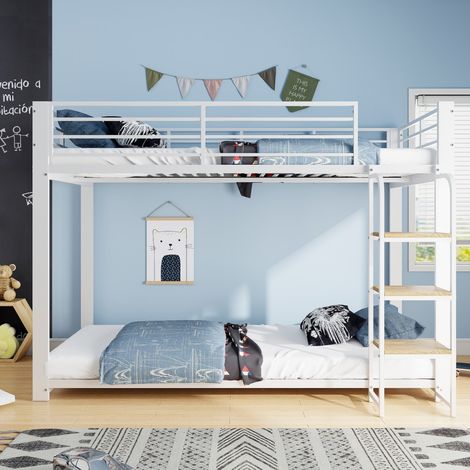 Lit Superposé 90x200cm - Lit Enfant en Métal Blanc avec Échelle Marches en Bois et Barrière de Sécurité – Structure Robuste – Blanc (1/5)