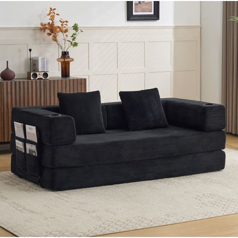 Schlafsofa klappbar in Schwarz aus Cord mit Getränkehaltern und Seitentaschen (1/5)