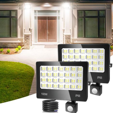 Projecteur Led Extérieur Detecteur de Mouvement, 2 Pièces 100W 10000LM IP66 Etanche Éclairage Exterieur, 6500K Projecteur Led avec Détecteur Lampe de Sécurité pour Garage, Cour, Jardin (1/5)