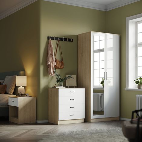 ELEGANT 3 Piece Bedroom Furniture Sets High Gloss Soft Close Wardrobe Mirrored Include 2 Soft Close Doors Wardrobe and 4 Drawer Chest and Bedside Cabinet, White/Oak with Mirror (1/10)