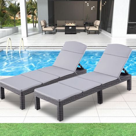 Set di 2 lettini prendisole - Chaise Longue - Lettini prendisole in resina effetto vimini - Cuscino - Schienale regolabile - Nero