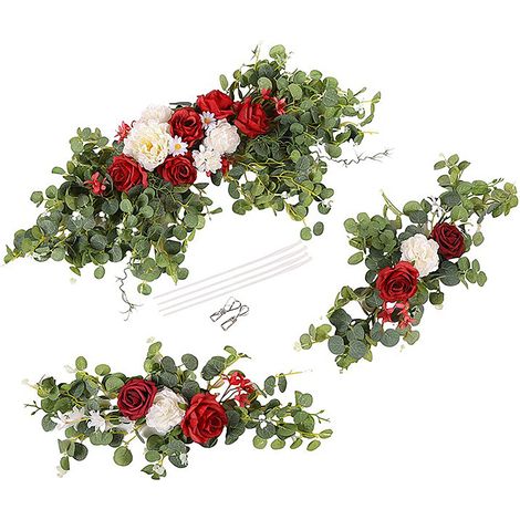 [Inklusive 3 Kabelbinder und 2 Clips Rot] Set mit drei künstlichen Blumen für Bögen, Willkommensblumen, Türsturzblumen, Wasserspielblumen, künstliche Blumen, Hochzeitsdekorationen. (1/2)