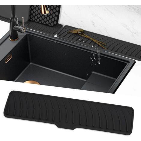 Alfombrilla de silicona negra para grifo, 42 cm, con sistema de drenaje, para cocina/baño. (1/4)