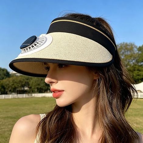 Chapeau vide avec bord étendu – Ventilateur Solaire Réglable – Appareil Protection Visage , Soleil – Beige 24x11cm (1/3)