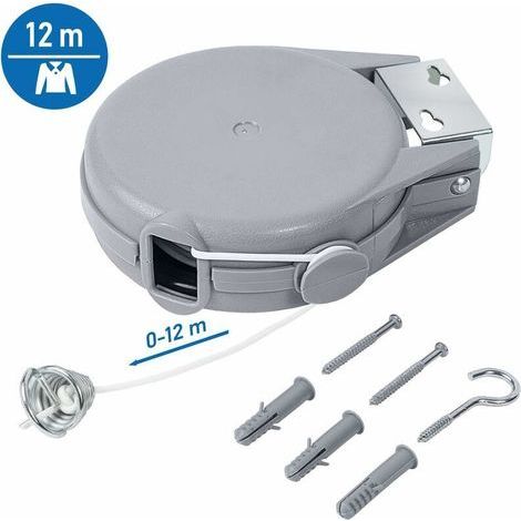 Corde à linge rétractable de 12 m, corde à linge très solide et durable, mécanisme rétractable automatique, facile à installer au mur, étendoir de jardin (1/5)