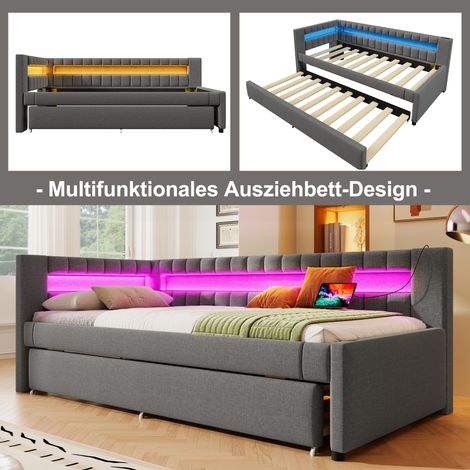 Lit de jour convertible 90x200cm, canapé-lit avec éclairage LED télécommandé en pied de lit, lit escamotable sans matelas, ports USB+Type-C, lin gris (1/5)