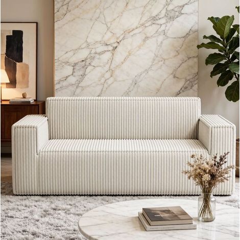 Canapé 2 places en velours côtelé, 178 x 86 x 70 cm, assise basse, sans montage, écru HAVRYA (1/5)